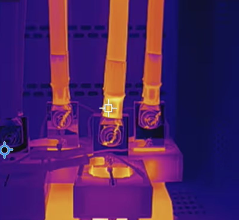 Thermal image of switchboard cable terminations showing the heat at each connection under load